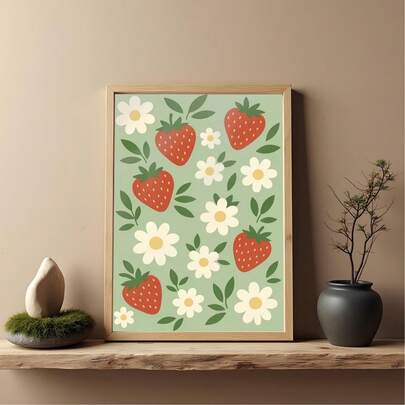 1 Tranh treo tường phong cách Boho hình dâu tây và hoa cúc - Màu xanh pastel, họa tiết hoa quả dễ thương, trang trí tường theo phong cách tối giản Cottagecore cho phòng ngủ, phòng trẻ em, không khung.