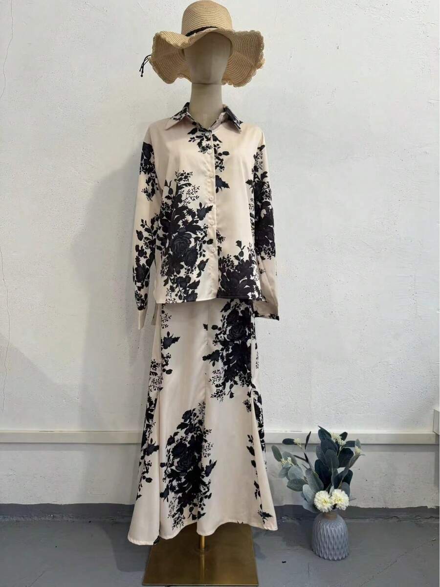 Modern Design Skirt Suit With Satin Print, Spring 2026 - Image Color - View 1