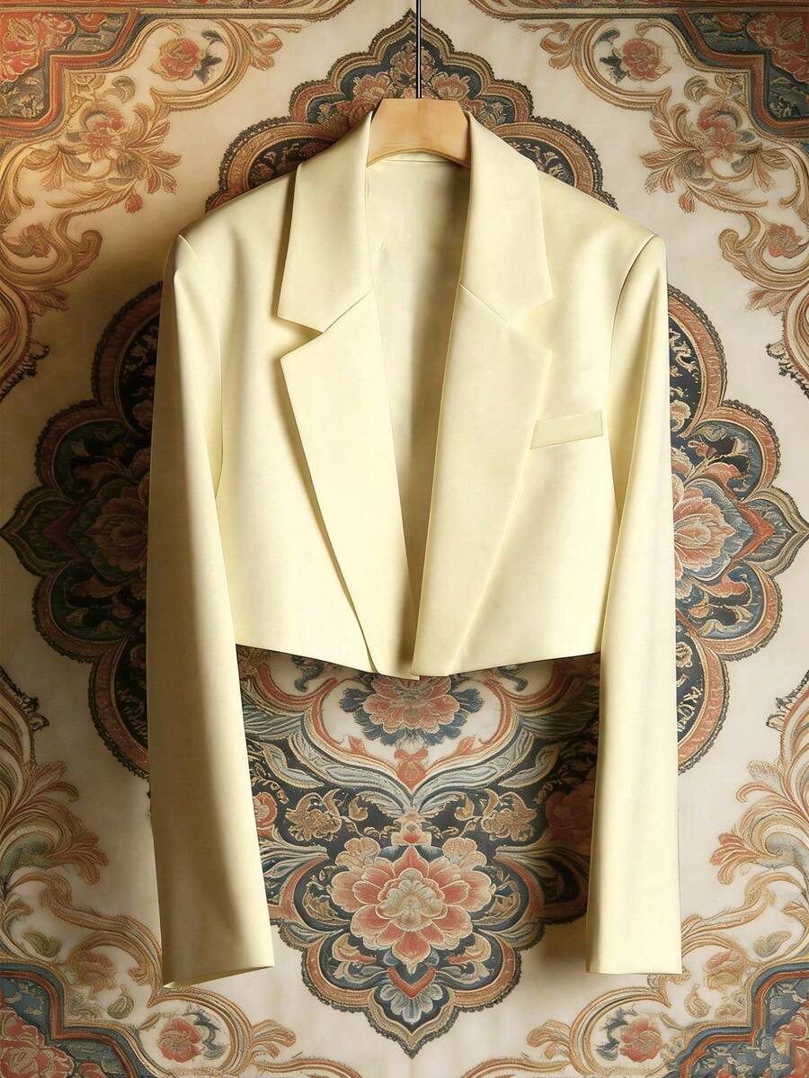 Plus Size Women Casual Minimalist Solid Color Slim Fit High Waist Lightweight Short Blazer Jacket, Suitable For Work & Daily Wear - Light Yellow - View 1