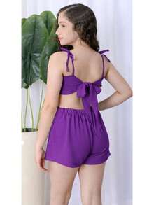 Plain Romper, Shorts/Skirt Style With Bow, For Girls. - Tử đinh hương - Xem 2