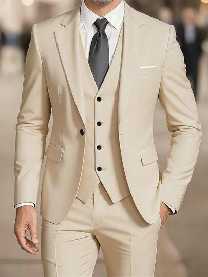 3-Piece Classic Men's Suit Set - Blazer Jacket + Vest + Pants, Suitable For Weddings, Business Meetings - High-Quality Fabric, Comfortable Wear, Fashionable Design