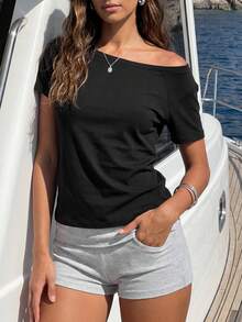 Women's Casual Black Solid Asymmetrical Boat Neck Short Sleeve Slim T-Shirt, Summer Daily - Black - View 2