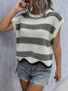 Áo tank top dệt kim cổ tròn phong cách thường ngày dành cho nữ, thích hợp cho kỳ nghỉ. - Đen và trắng - Xem 3