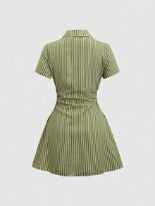 Vestido camisa a rayas rojas y negras, estilo dulce fresco, manga corta, corte ajustado, prenda imprescindible para verano - Verde Oliva - Ver 2