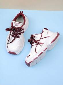 1 Pair Unisex Casual Sports Shoes, Featuring Textile Stripes, Synthetic Leather Upper, Anti-Slip & Shock-Absorbing, Round Toe Mid-Top Lace-Up & Hook And Loop Closure, Thick Sole Flat Heel, Retro Style Suitable For Daily Commute And Urban Leisure - Red - View 4
