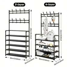4-Tier/5-Tier Freestanding Metal Shoe Rack (Rack Material: Non-Woven Fabric), Can Be Used As Coat Rack, Multipurpose Outdoor Storage Rack, Independent Wardrobe Hooks, Multi-Layer Indoor Shoe Rack, Comes With 8 Dual Hook Stainless Steel Shoe & Hat Combination Hooks, 3-In-1 Space Saving Storage Rack - Multicolor - View 7