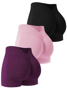 VVX Women Yoga Shorts Scrunch V Back High Waisted Tummy Control, Seamless Slim Workout Gym Casual Solid Color Soft Biker Shorts For Sports Daily Wear All Seasons - Đen/Hồng/Tím đậm - Xem 1