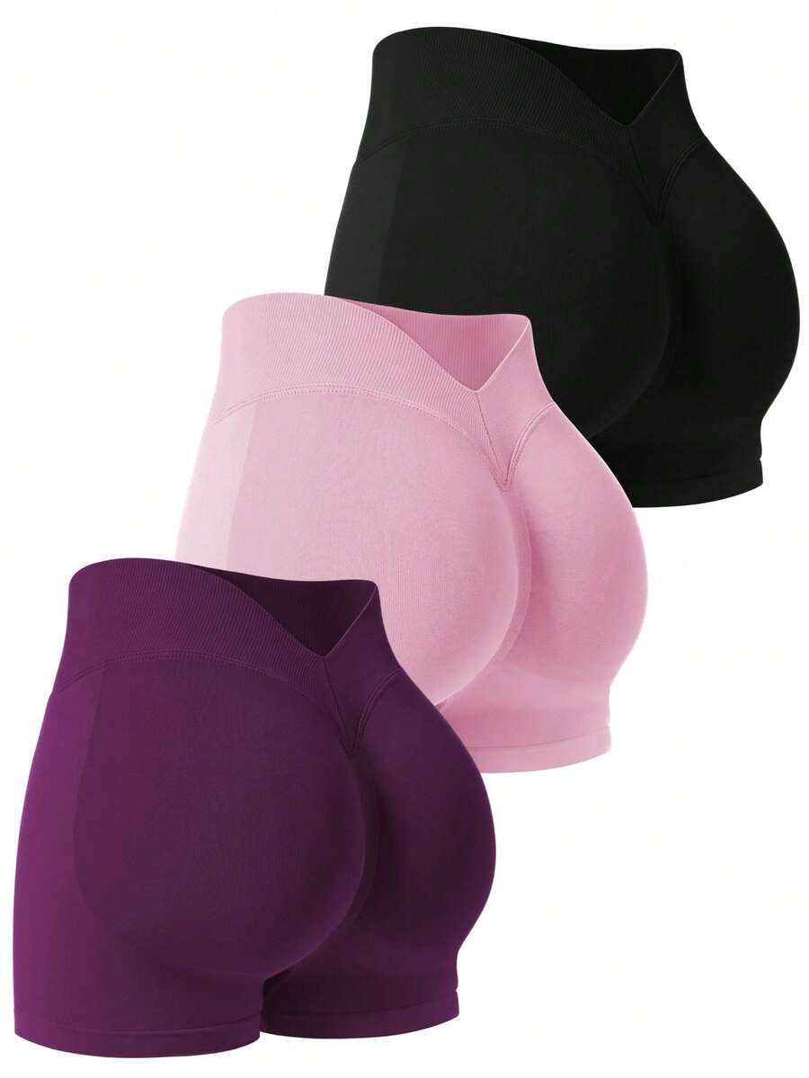 VVX Women Yoga Shorts Scrunch V Back High Waisted Tummy Control, Seamless Slim Workout Gym Casual Solid Color Soft Biker Shorts For Sports Daily Wear All Seasons - Đen/Hồng/Tím đậm - Xem 1