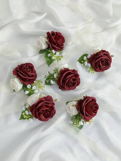 1朵/6朵勃艮第公主玫瑰花，配以泡沫满天星和金色叶子，优雅珍珠链腕花，适合新娘、新郎、伴娘、伴郎、婚礼、订婚、宴会、学校活动、公司庆典等场合。