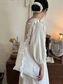 花卉刺绣亚麻单肩包，甜美校园风斜挎包，适合大学生，多功能日常通勤手提包 - 白色 - 查看 5