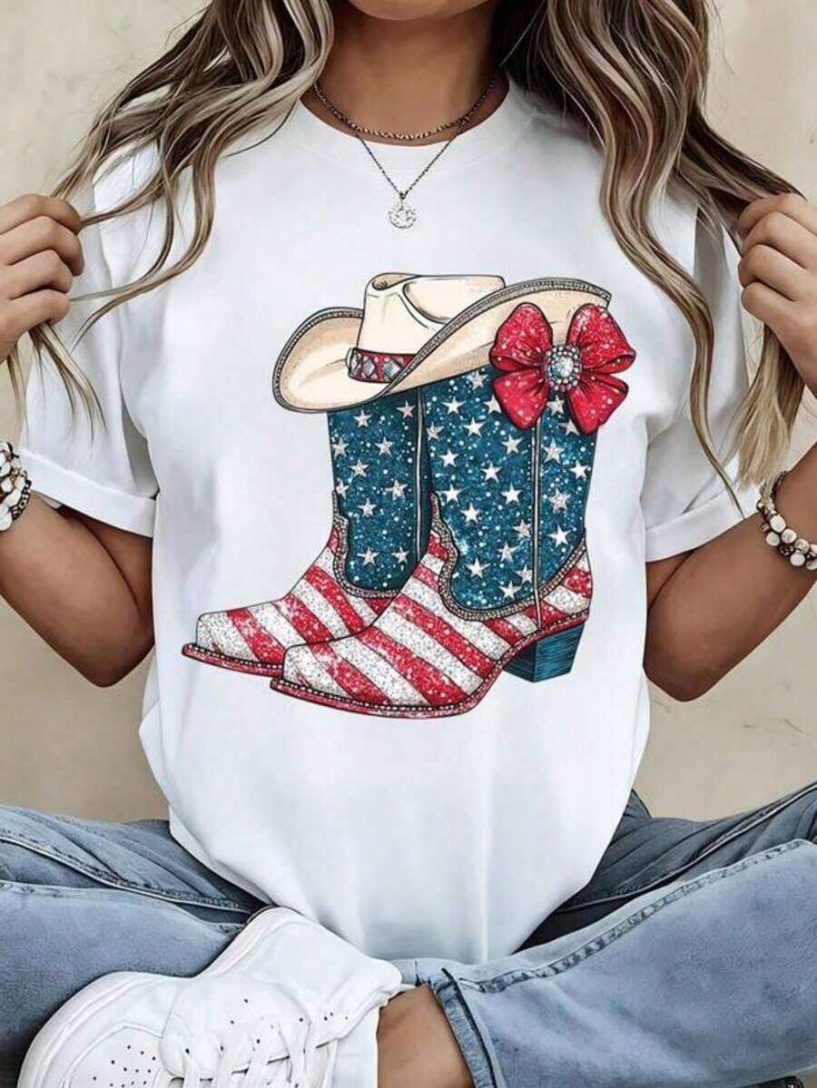 Camiseta de cuello redondo para mujer con diseño de botas y sombrero de vaquero patriótico y bandera estadounidense, manga corta, estilo casual de verano para la celebración del Día de la Independencia.