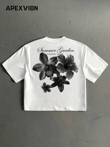 Open Phase Summer Garden Oversized Short Sleeve Cropped Tee, Black Floral Print, Casual Streetwear Couple Round Neck T-Shirt - White-black - View 3