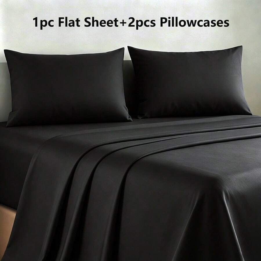 3pcs Luxury Soft 80g Brushed Bedsheet Set, Including 1 Bedsheet And 2 Pillowcases, Breathable Solid Color Bedding Set, Machine Washable, Suitable For Hotel, Bedroom And Other Scenarios, Available In Black, Gray, Blue And Other Colors And Sizes - Black - View 1
