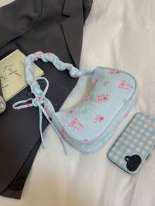 Spring/Summer New Arrival - Cute Floral Print Crossbody Bag, Decorated With Ribbon And Bow, Lightweight Polyester Shoulder Bag, Suitable For Commuting And Travel, Black & White Design With Pink Floral Pattern, Commuter Bag Floral Print Lightweight Bag - Blue - View 10