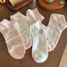 5 đôi tất cổ ngắn nữ mùa xuân/hè họa tiết mèo dễ thương, hoa, nơ và ren, màu hồng nhạt thoải mái, nữ tính và ngọt ngào. - Nhiều màu - Xem 3