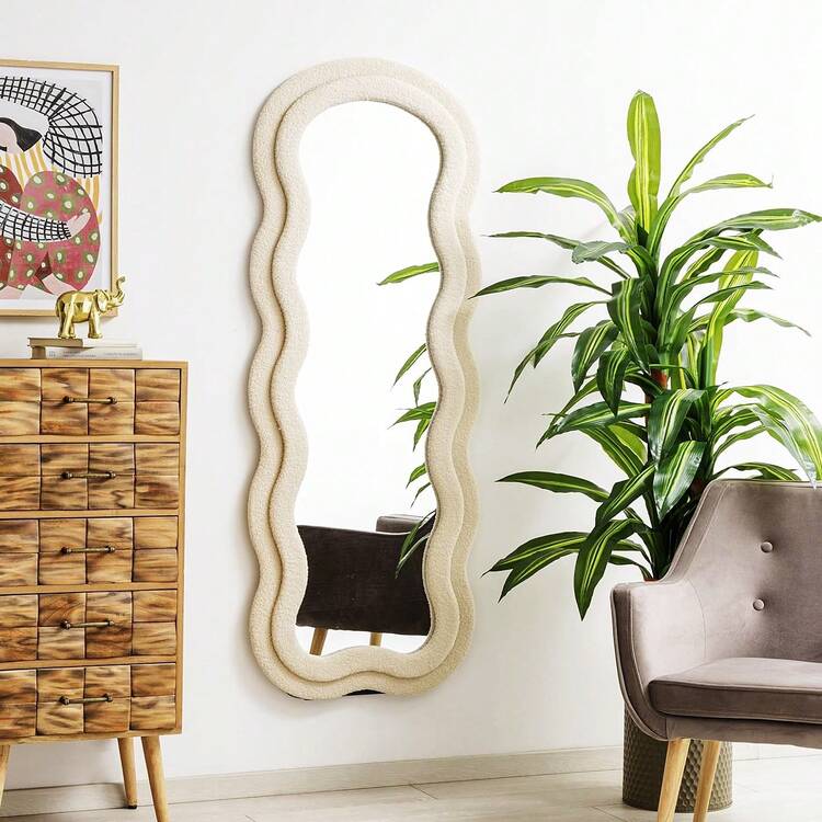Gương toàn thân 160x60cm, khung nhung mềm mại, kiểu lượn sóng, có thể để sàn hoặc treo tường, màu trắng ấm. - 160X60cm A - Xem 7