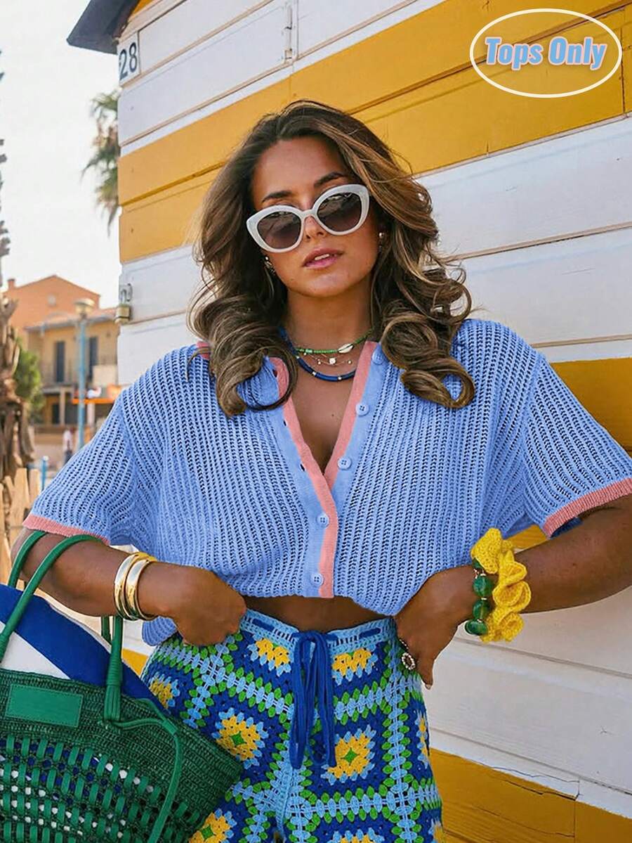 女士 Polo 领短袖针织上衣，撞色滚边，纽扣细节和镂空设计 - 宽松休闲舒适的夏季单品，百搭日常街头风 - 藍色 - 查看 1