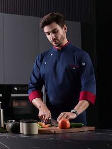 New Fashion Dual-Buckle Color-Blocking Chef Uniform, Unisex Long Sleeve High-End Jacket For Hotel, Restaurant, Cafe, Bakery, Breathable & Skin-Friendly, Autumn/Winter - Navy Blue - View 4