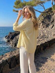 Women's Classic Polo Collar Long Sleeve Button Front Regular Fit Shirt, Yellow Striped Woven Fabric - Yellow - View 5