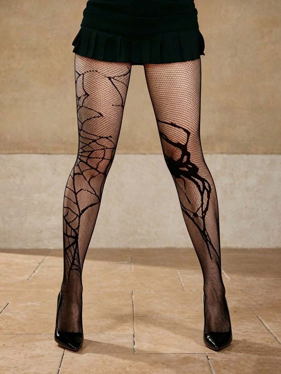 1 đôi tất lưới màu đen họa tiết mạng nhện, phong cách punk gothic gợi cảm, thích hợp mặc hàng ngày. - màu đen - Xem 1