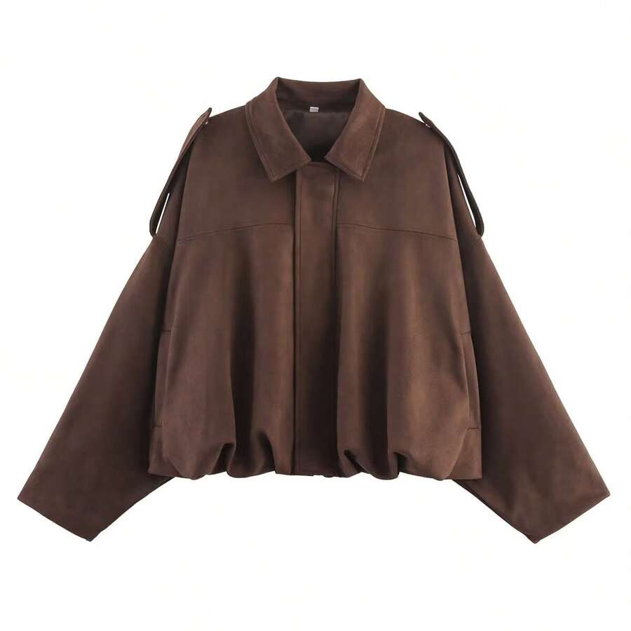 ZA's Popular New-Style Suede Textured Aviator Jacket. - 咖色 - 查看 1