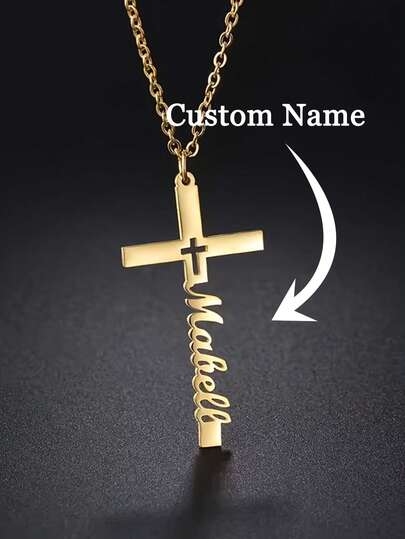 Personalized Cross Name Necklace, Plated In 18K Gold, Customizable English Name Necklace, Bohemian Style, Customized Name Necklace For Her Gift, Birthday Gift, Mother's Day Gift, Valentine's Day Gift, Graduation Season Gift, Summer Jewelry, Beach Accessories For Women, Ramadan Gift