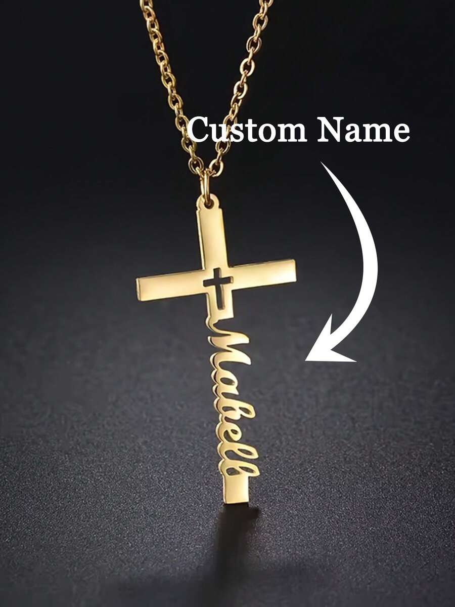 Personalized Cross Name Necklace, Plated In 18K Gold, Customizable English Name Necklace, Bohemian Style, Customized Name Necklace For Her Gift, Birthday Gift, Mother's Day Gift, Valentine's Day Gift, Graduation Season Gift, Summer Jewelry, Beach Accessories For Women, Ramadan Gift - Multicolor - View 1