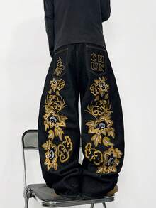 1 chiếc quần jeans Justice Brother Hàn Quốc thêu 3D màu đen, ống rộng thoải mái, phong cách đường phố năng động (Không bao gồm thắt lưng và phụ kiện) - màu đen - Xem 1