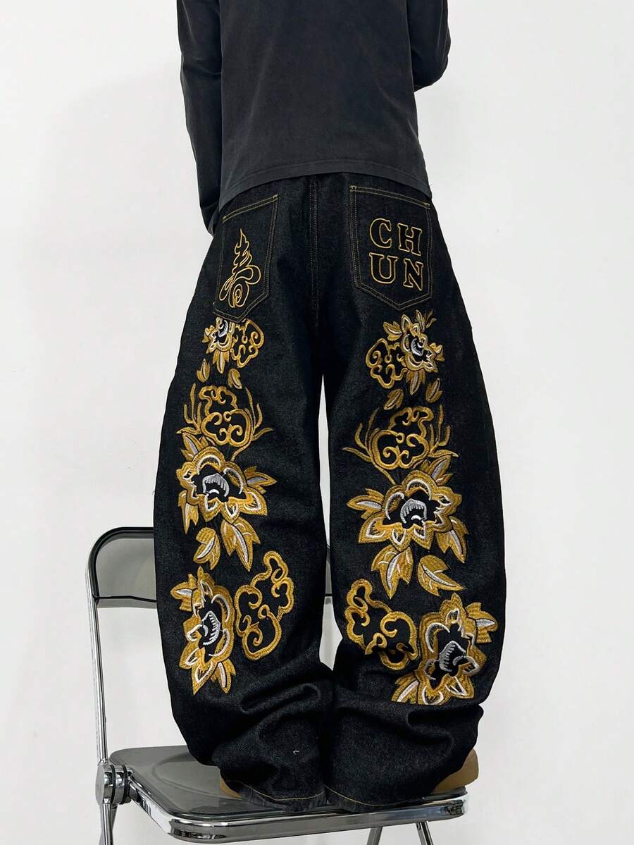 1 chiếc quần jeans Justice Brother Hàn Quốc thêu 3D màu đen, ống rộng thoải mái, phong cách đường phố năng động (Không bao gồm thắt lưng và phụ kiện) - màu đen - Xem 1