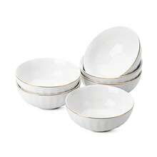 Brew To A Tea BTaT- Cuencos de sopa juego de 6 16 onzas porcelana blanca con borde dorado cuencos para cocina cuencos de ensalada cuencos blancos cuencos de cereales blancos cuencos de - Blanco - Ver 2
