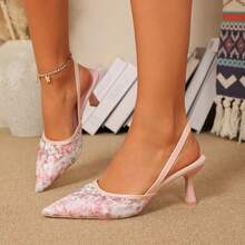 Sandálias femininas de salto alto de 7 cm com detalhes florais em tela, bico fechado, pretas, com salto baixo e tira elástica, estilo fada. - Rosa Quente - Ver 12