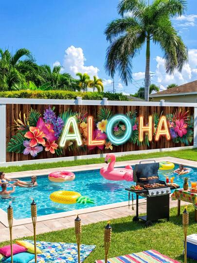 1 tấm banner trang trí tiệc hình chữ Aloha họa tiết hoa nhiệt đới neon và vân gỗ, chất liệu polyester cao cấp hình chữ nhật, in độ phân giải cao, hiệu ứng phát sáng, thích hợp treo ngoài trời, trang trí tiệc mùa hè trên bãi biển, hồ bơi, quán bar Tiki, tụ họp bên bờ biển lúc hoàng hôn, lễ hội Luau trong vườn, biển hiệu lễ hội ngày lễ.