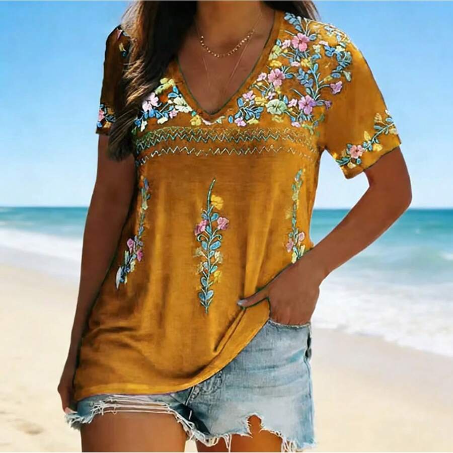 Camiseta de Manga Corta con Cuello en V y Estampado Bohemio para Mujer, Nueva Colección Verano 2026, Estilo Europeo y Americano - Aire - Ver 1