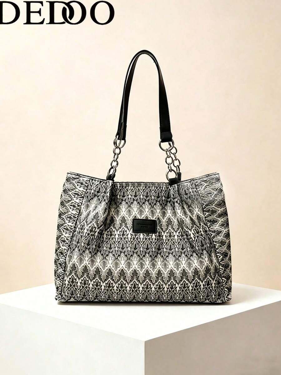 Dedoo Bohemian Style Large Tote Bag, Retro Printed Pattern With Exotic Vibe, Metal Chain Matching Adjustable Strap, Ideal For Daily Commute Short Trips