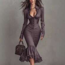 Vestido midi elegante y sensual de encaje transparencia con escote en V y mangas largas de gasa plisada volantes nuevo estilo de moda - Morado - Ver 5