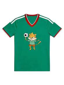 Camiseta de Estilo Deportivo Casual para la Temporada de Fútbol 2026, con Estampado de Leopardo de Dibujos Animados y Cuello en V, Camiseta de Verano para Aficionados al Fútbol, para Hombres y Amigos - Verde - Ver 3