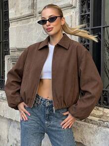 Women's Brown Zip Pocket Jacket - Casual Loose Lapel Outerwear, Suitable For Spring And Autumn - Brown - View 2