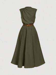 Vestido sin mangas de unicolor (con cinturón) para la temporada de regreso a clases - Verde militar - Ver 5
