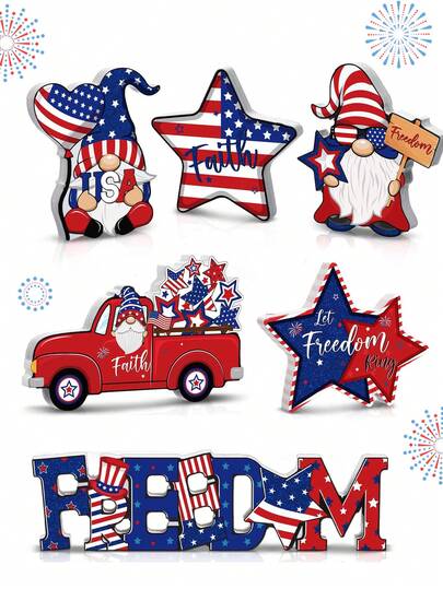 Bộ trang trí bàn tiệc yêu nước 6 món, biển hiệu gỗ hình người lùn Mỹ, lý tưởng cho các bữa tiệc Ngày Độc lập/Ngày Tưởng niệm/Ngày Cựu chiến binh, đồ trang trí bàn bằng gỗ cổ điển có thể đặt đứng.