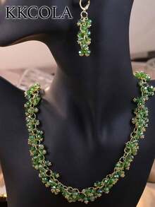KKCOLA 3pcs/Set Summer Fashion Green Necklace Set Earrings Necklace Set, High-End Jewelry Birthday Gift Party Mother's Day Premium Jewelry Chain Accessories, Fashionable Everyday Wear - 黑色 - 查看 2