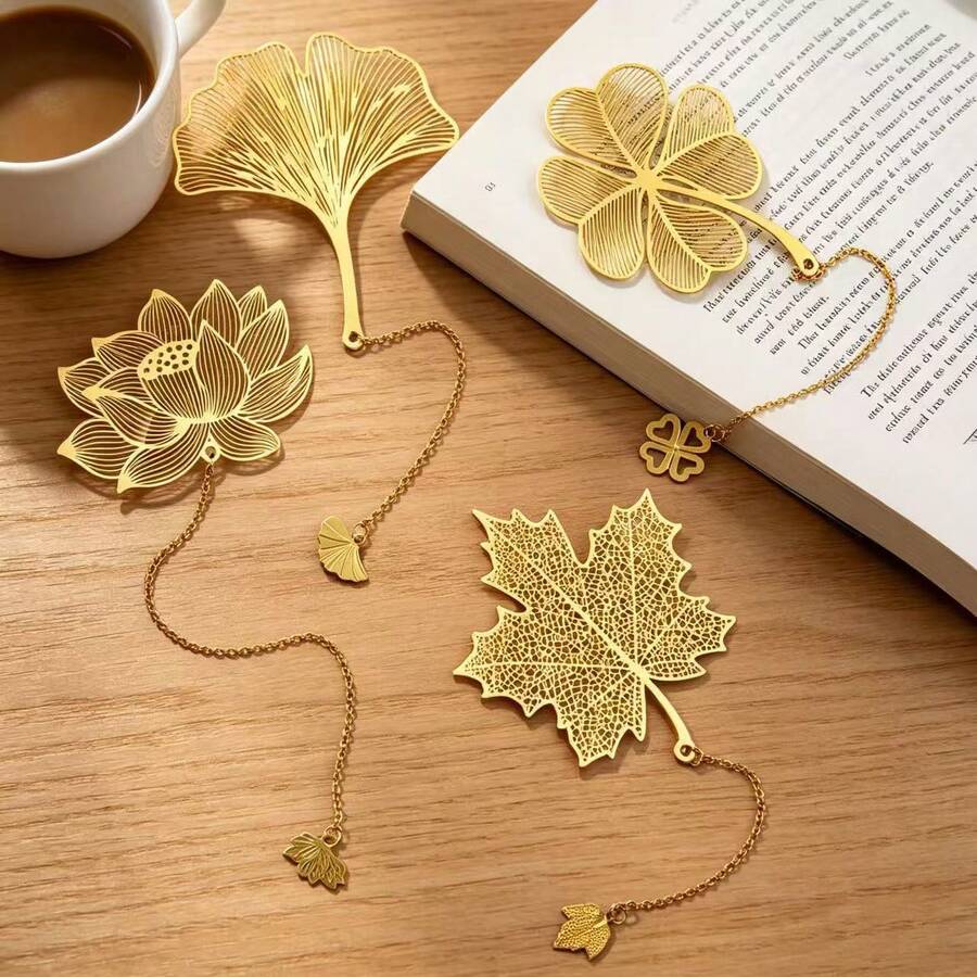 TOCHAIN Bộ 4/1 kẹp sách kim loại hình lá và hoa, gồm các hình lá phong, cỏ bốn lá, hoa sen, lá bạch quả, kèm mặt dây chuyền, thích hợp làm quà tặng cho người yêu sách, nhà văn, độc giả, quà sinh nhật, quà tốt nghiệp, quà ngày lễ, quà Valentine, quà cưới, quà tựu trường, đồ dùng cho giáo viên, kinh thánh, đồ dùng học tập, quà Giáng sinh. - Dấu trang mặt dây chuyền vàng - Xem 1