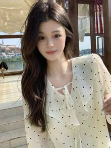 Ruffled Polka Dot Korean Style Blouse, Loose Fit Flattering Spring New Arrival Top - Apricot - View 7
