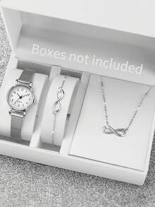 Women's Mesh Strap Fashionable Minimalist Numeral Dial Quartz Watch + 8-Shaped Jewelry Set (3pcs/Set) As A Gift For Students Returning To School - Silver - View 10