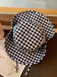 Mũ tai bèo kiểu Nhật buộc dây, mũ vành rộng đa năng chống nắng, chống tia UV, mũ kẻ caro thời trang thường ngày, chất liệu polyester, thích hợp cho mùa xuân/hè. - mũ - Xem 7
