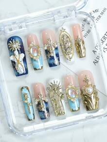 NAILUXE 10pcs Handmade Acrylic Press On Nails, 3D Religious Baroque Nails With Blue Pink Floral Ombre Gold Accents, Long Square Vintage Luxe Old Money Reusable Glossy False Nails Women Formal Events Special Occasions - 彩色 - 查看 3