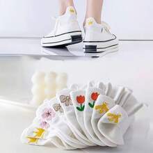 5双春夏薄款刺绣花卉短袜，甜美少女风简约卡通日系透气网眼防滑短袜 - 彩色 - 查看 6
