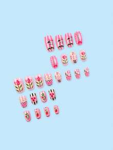 24 piezas de uñas acrílicas de corte oval corto con diseños pintados a mano de tulipanes rosas y blancos, cerezos y lindos peces, con 1 pieza de gel de gelatina y 1 pieza de lima de uñas, en un estilo elegante, dulce y a la moda, adecuado para mujeres y niñas, citas, vacaciones, fiestas y ocasiones diarias - Multicolor - Ver 2