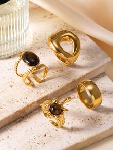 4 chiếc nhẫn hình học rỗng bằng thép không gỉ họa tiết đá mắt hổ thanh lịch, thiết kế trang sức độc đáo, phù hợp để đeo hàng ngày và hẹn hò. - Vàng - Xem 4