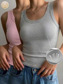 Bộ 2 áo tank top nữ BASICS tối giản, màu trơn, có đệm ngực, không tay, cổ tròn, chất liệu dệt kim gân. - Nhiều màu - Xem 1