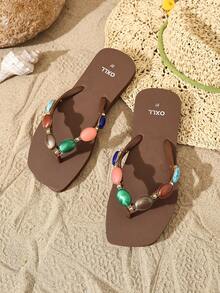 Women's Original Design Square Toe Fashion Dopamine Color Resin Gemstone Decor Beach Flip Flops, Soft Sole Non-Slip, Bohemian Beach Vacation Sandals, Detachable Decorative Chain, Summer New Thong Slippers - Coffee Brown - View 3